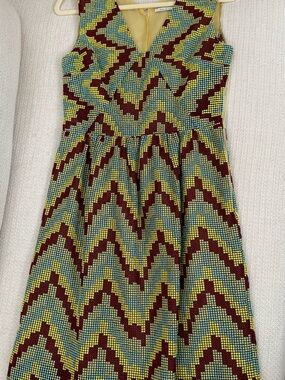 Sleeveless Chevron Print Fit-and-Flare Dress in Yellow, Burgundy & Teal